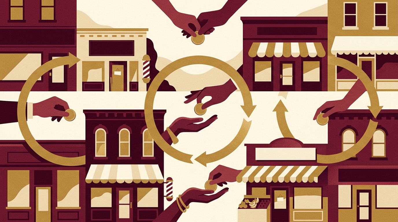 Illustration of a dollar circulating among Black-owned storefronts in a valley community